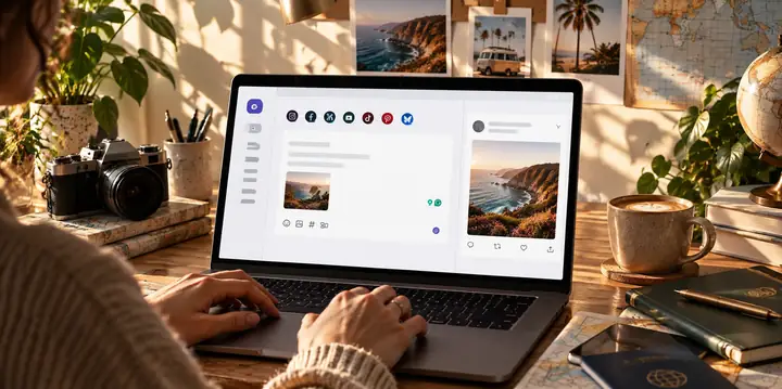 Mixpost post composer with connected social accounts, an editing area and a post preview.