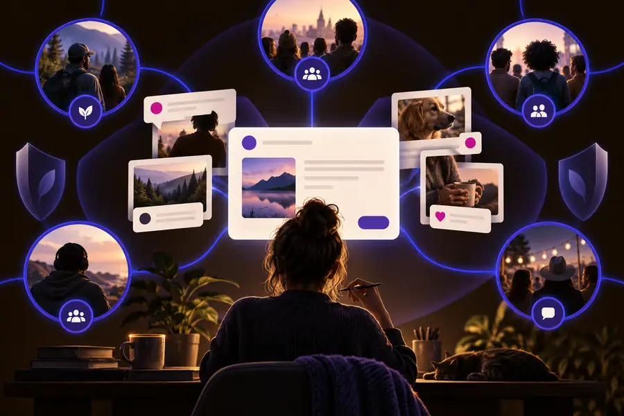 Illustration of a connected social post composer